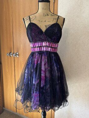 BLUSH PROM Beaded Black Purple Floral Cocktail Dress Party Holiday HOCO LARGE